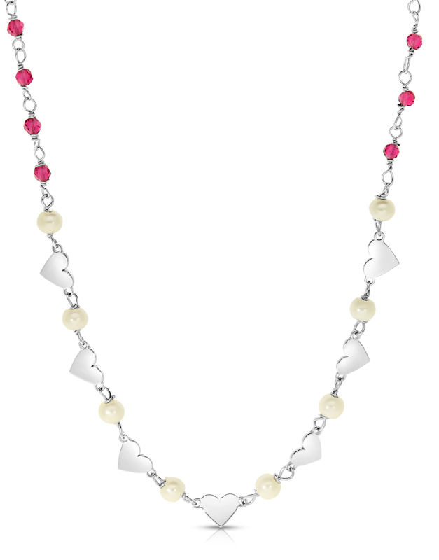 Coliere argint 925 inimi cu perle si cristale roz BB235150-RH-WF